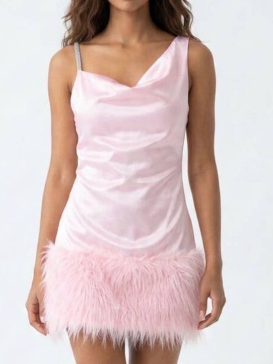 Loragal Dresses & Skirts - Loragal Pink Fur Dress With Rhinestone Shoulder Size L